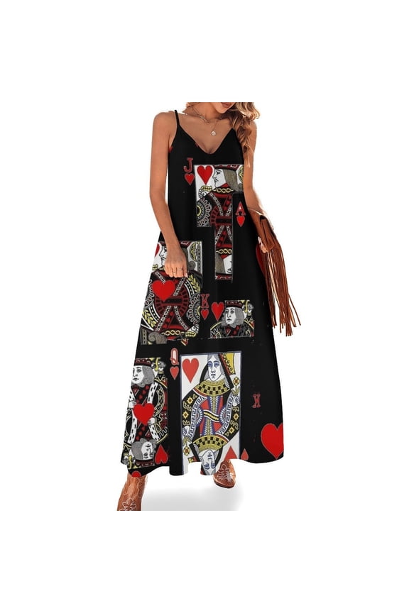BLACK COLOR CASINO SUITES HEARTS PATTERNS Sleeveless Dress Women's Evening Dress Womans Clothing