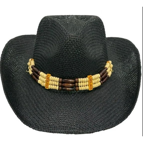 BLACK COWBOY Straw HAT with Beads Cowboy Cowgirl Men or Women Lightweight Western Hat Farmer