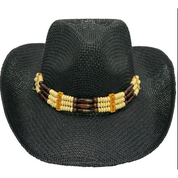 BLACK COWBOY Straw HAT with Beads Cowboy Cowgirl Men or Women Lightweight Western Hat Farmer