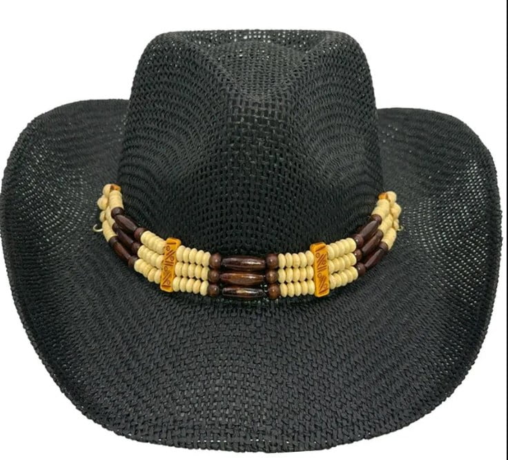 BLACK COWBOY Woven Straw HAT with Beads SHAPEABLE Cowboy  display picture 2