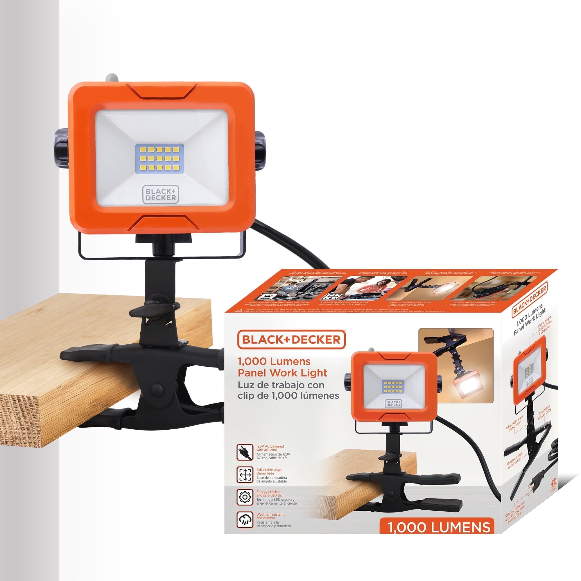 BLACK+DECKER AC Plug-in Panel LED Work Light with Clamp Base, 1,000 Lumens, image size:2000x2000