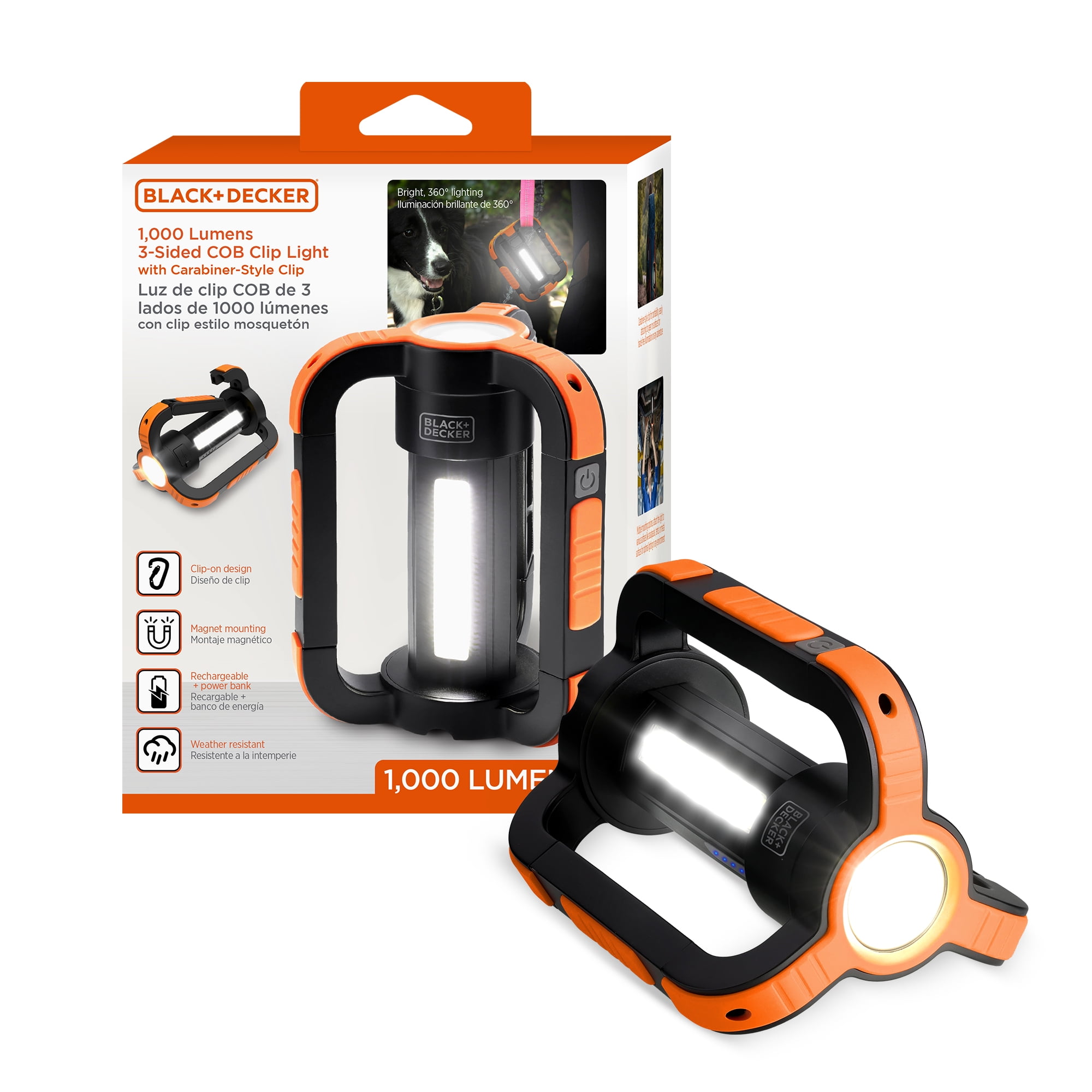 BLACK+DECKER 1,000 Lumens USB Rechargeable Clip-on + Magnetic 3-Sided COB Utility Light
