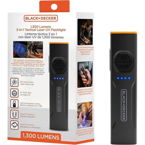 BLACK+DECKER 1300 Lumen Rechargeable Tactical Flashlight, 3-in-1 LED Flashlight with UV Blacklight & Red Laser Pointer, USB-C Charging, Magnetic Base, IP54 Water Resistant