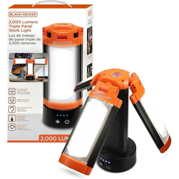 BLACK+DECKER Rechargeable LED Work Light with 3 Adjustable Panel Lights & Magnetic Mount, 2,000 Lumens