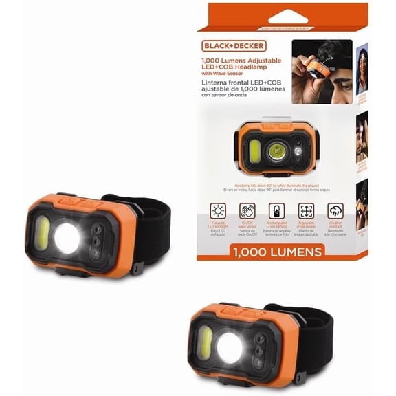 BLACK+DECKER 2 Pack 1,000LM LED and COB Headlamp, USB Rechargeable, Adjustable 90° Tilt, Hands-Free Wave Sensor, 7 Lighting Modes, Waterproof IP65, Fits Over Hats & Helmets,