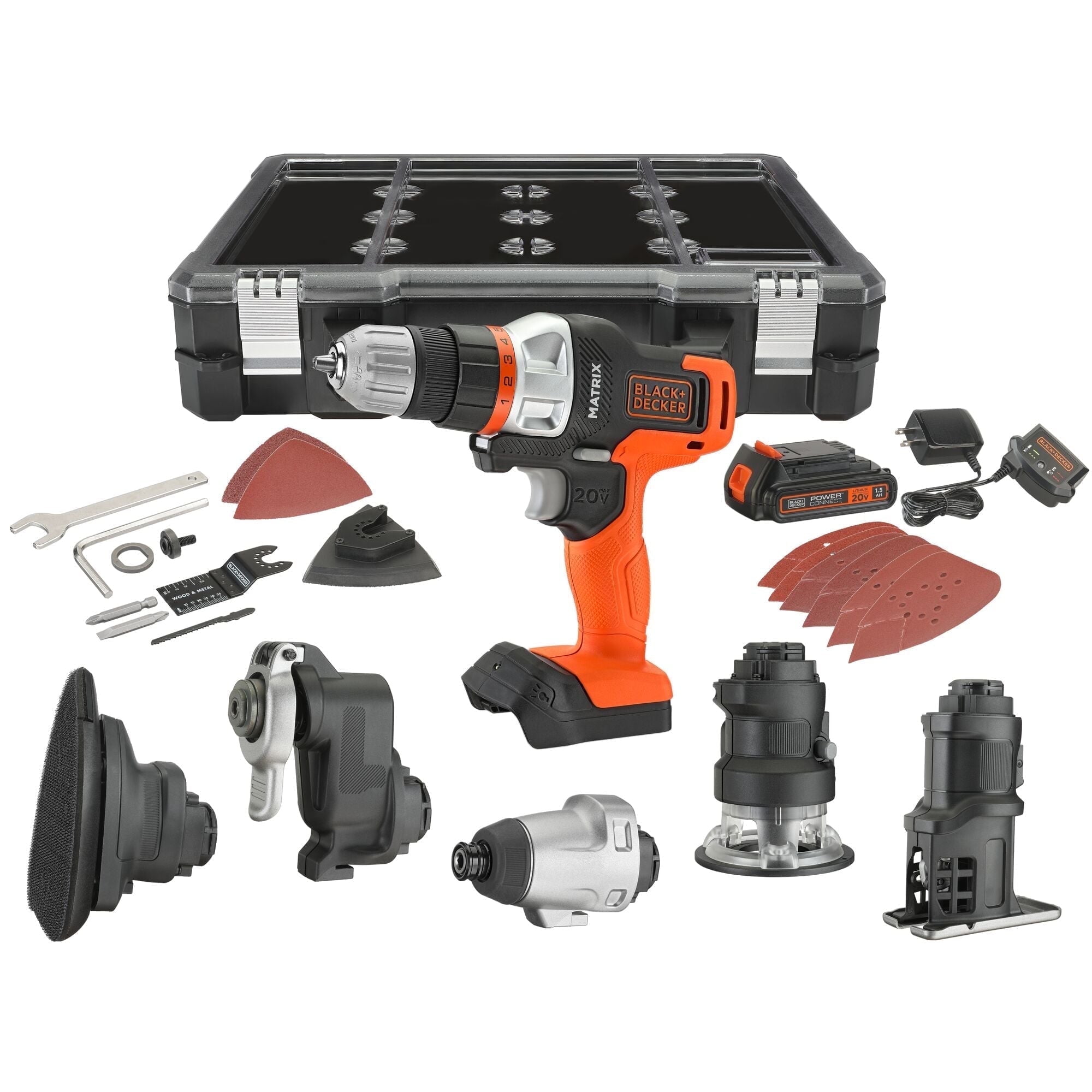 BLACK+DECKER 20V Cordless Drill, Power Tool Set, 1.5Ah, 6 Piece Set, Battery Included (BDCDMT1206KITC)