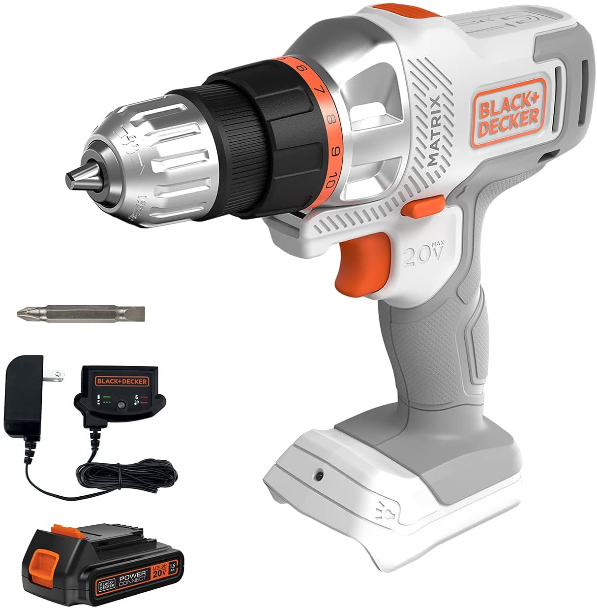 BLACK+DECKER 20V MAX Matrix Cordless Drill/Driver Kit, White (BDCDMT120WC1FF) Drill Kit (White)