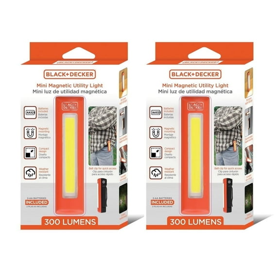 BLACK DECKER Clip-On Light, Battery-Powered COB Utility Magnetic Light, 300 Lumens, 2-Pack