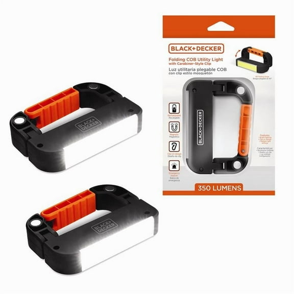 BLACK+DECKER 350LM COB Utility Light 2 Pack , USB Rechargeable, Folding Clip-On Design, Magnetic Base, 90° Adjustable Head, USB-A Power Bank, IP44 Weather-Resistant for Indoor and Outdoor Use