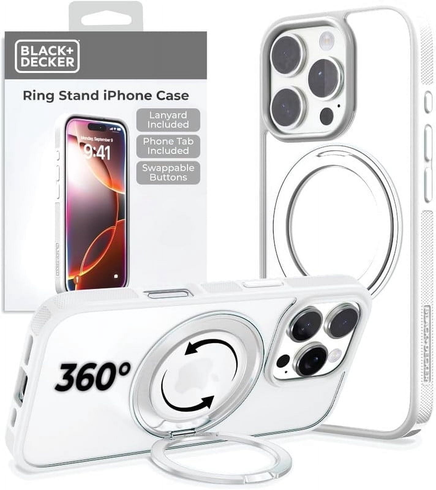 BLACK+DECKER 360°Spin Magnetic Stand for iPhone 16 Case, Compatible with MagSafe Protective Stylish for iPhone 16 Case for Women, Ostand Kickstand Rotatable, Lanyard, Extra Buttons, White