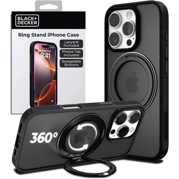 BLACK+DECKER 360°Spin Magnetic Stand for iPhone 16 Case, Compatible with MagSafe Protective Stylish for iPhone 16 Case for Women, Ostand Kickstand Rotatable, Lanyard, Extra Buttons, Black