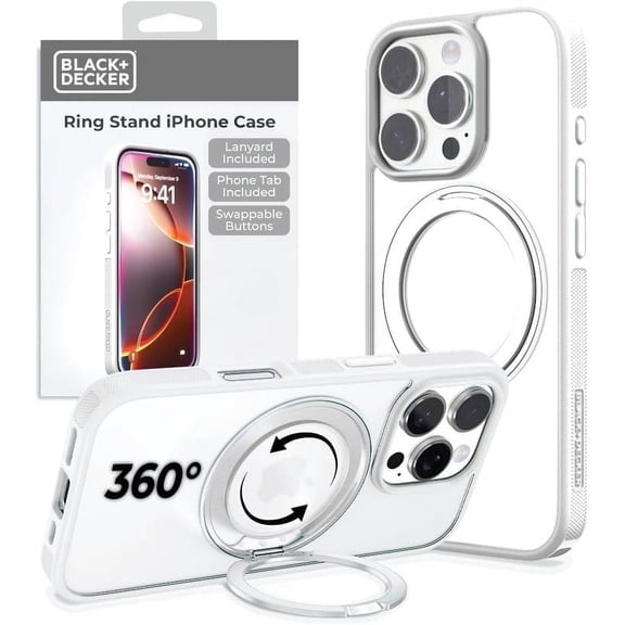 BLACK+DECKER 360°Spin Magnetic Stand for iPhone 16 Pro Case, Compatible with MagSafe Protective Stylish for iPhone 16 Pro Case for Women, Ostand Kickstand Rotatable, Lanyard, Extra Buttons, White