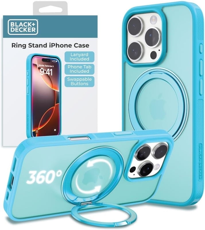 BLACK+DECKER 360°Spin Magnetic Stand for iPhone 16 Pro Case, Compatible with MagSafe Protective Stylish for iPhone 16 Pro Case for Women, Ostand Kickstand Rotatable, Lanyard, Extra Buttons, Blue