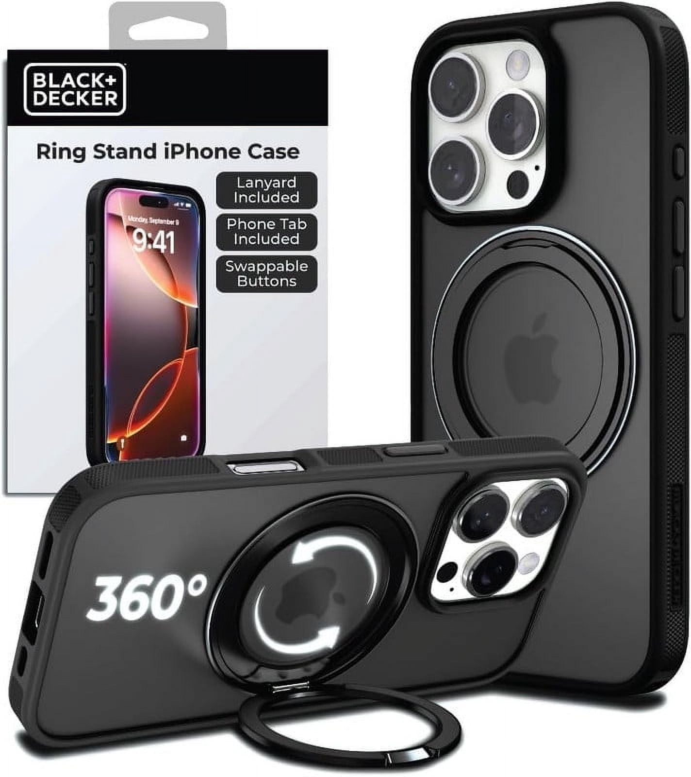 BLACK+DECKER 360°Spin Magnetic Stand for iPhone 16 Pro Case, Compatible with MagSafe Protective Stylish for iPhone16 Pro Case for Women, Ostand Kickstand Rotatable, Lanyard, Extra Buttons, Black