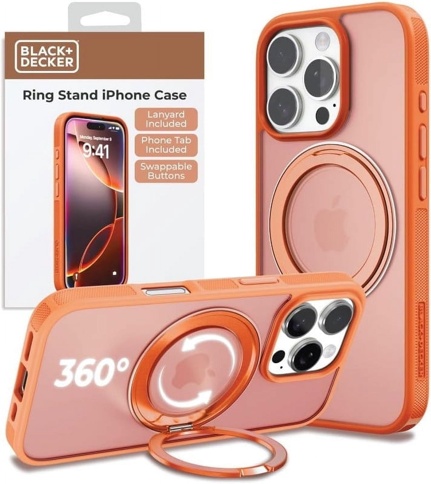 BLACK+DECKER 360°Spin Magnetic Stand for iPhone 16 Pro Max Case, Compatible with MagSafe Protective Stylish for iPhone16 ProMax Case, Ostand Kickstand Rotatable, Lanyard, Extra Buttons, Coral