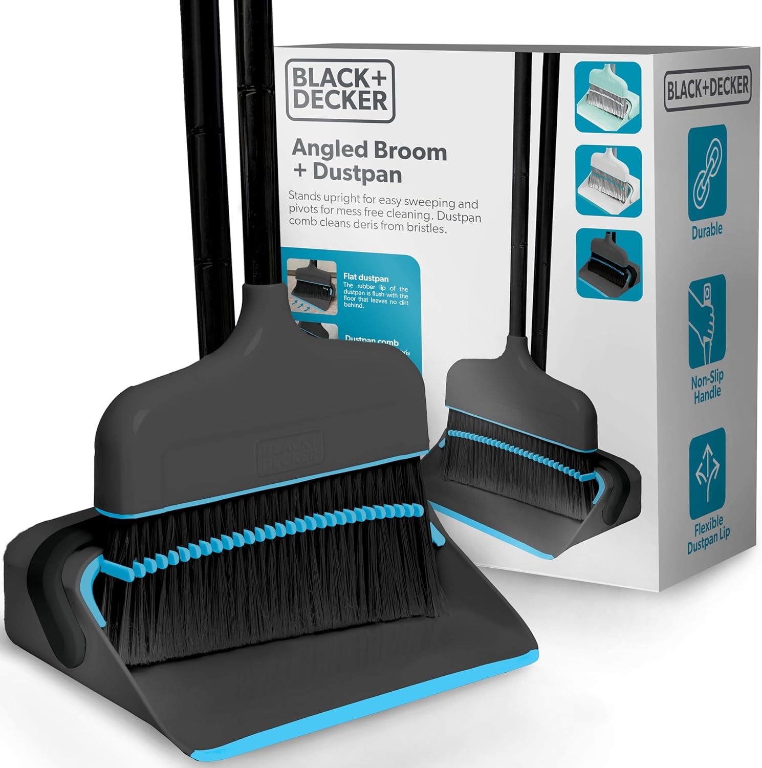 BLACK+DECKER Broom and Dustpan Combo Set w/ Short Handle Lightweight Broom Dustpan Set Apartment Essentials, Black/Blue - Walmart.com
