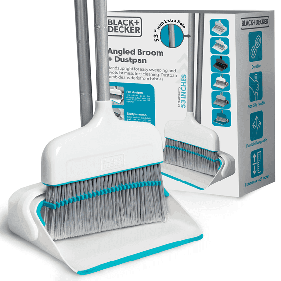 BLACK DECKER Broom and Dustpan Combo Set w/ Short Handle Lightweight Broom Dustpan Set Apartment Essentials, White
