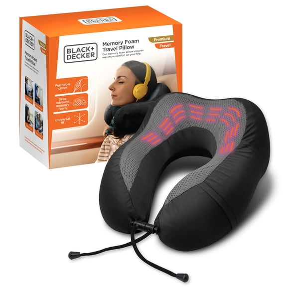 BLACK+DECKER Cooling Gel Memory Foam Neck Pillow Travel Pillow for Plane, Car & Train Ergonomic Neck Support, Slow Rebound Memory Foam, Washable Cover, Universal Fit, Black