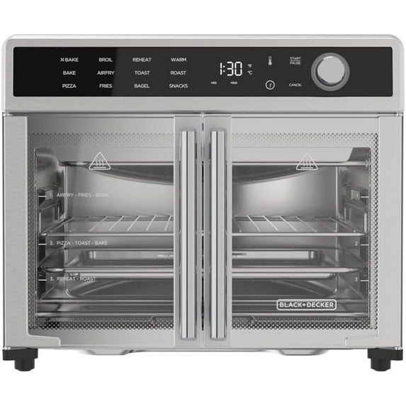 BLACK+DECKER Crisp 'N Bake Air Fryer Toaster Oven Combo, 12 in 1 Countertop Convection Oven Cooks Food Fast, Fits a Whole Pizza or 6 Toast Slices, French Doors with Stainless Steel Finish