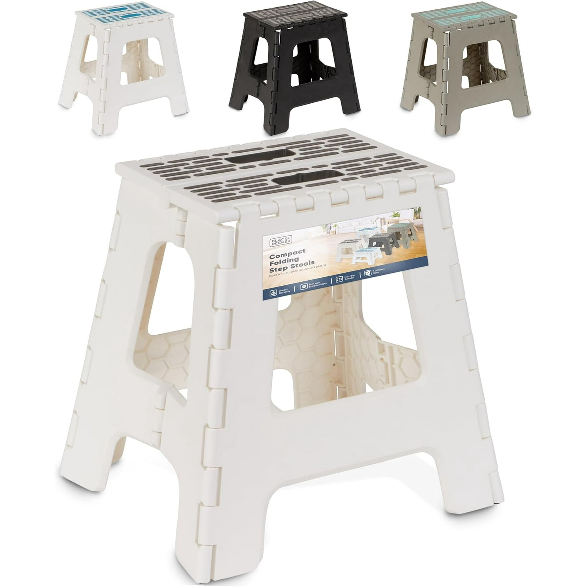 BLACK + DECKER Folding Step Stool, Large 16" High, White/Grey