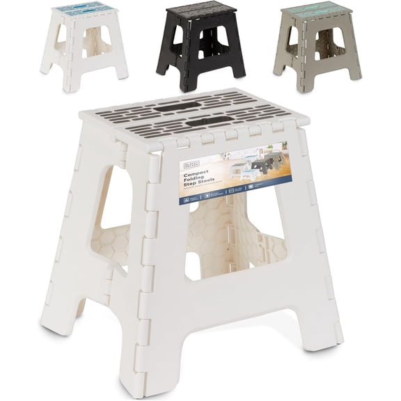 BLACK + DECKER Folding Step Stool, Large 16" High, White/Grey