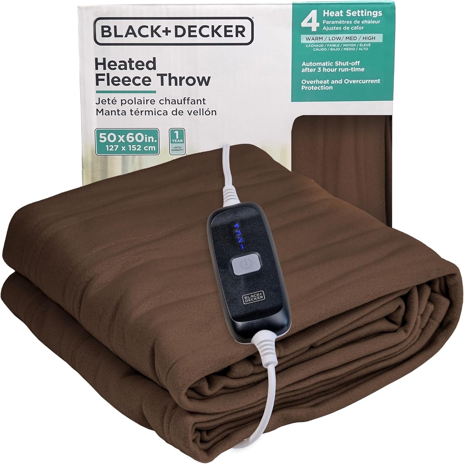 BLACK+DECKER Heated Blanket Electric Throw, 4 Heating Levels, 3H Timer, Auto Shutoff, 50x60 inches, Fleece, Brown