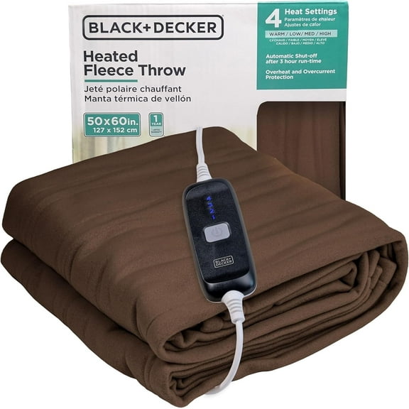 BLACK DECKER Heated Blanket Electric Throw, 4 Heating Levels, 3H Timer, Auto Shutoff, 50x60 inches, Fleece, Brown