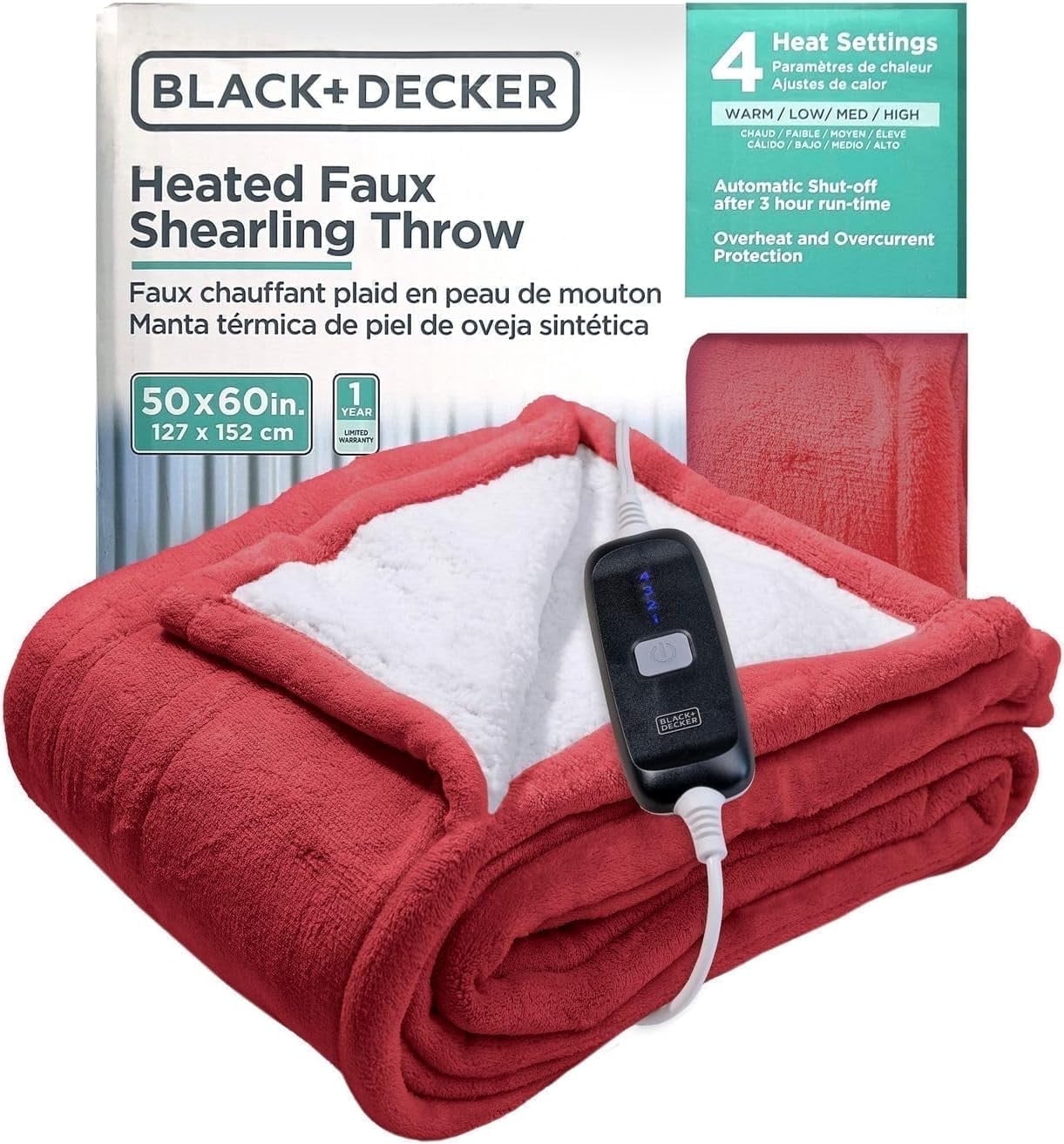 BLACK+DECKER Heated Blanket Electric Throw, 4 Heating Levels, 3H Timer, Auto Shutoff, 50x60 inches, Faux Shearling, Maroon