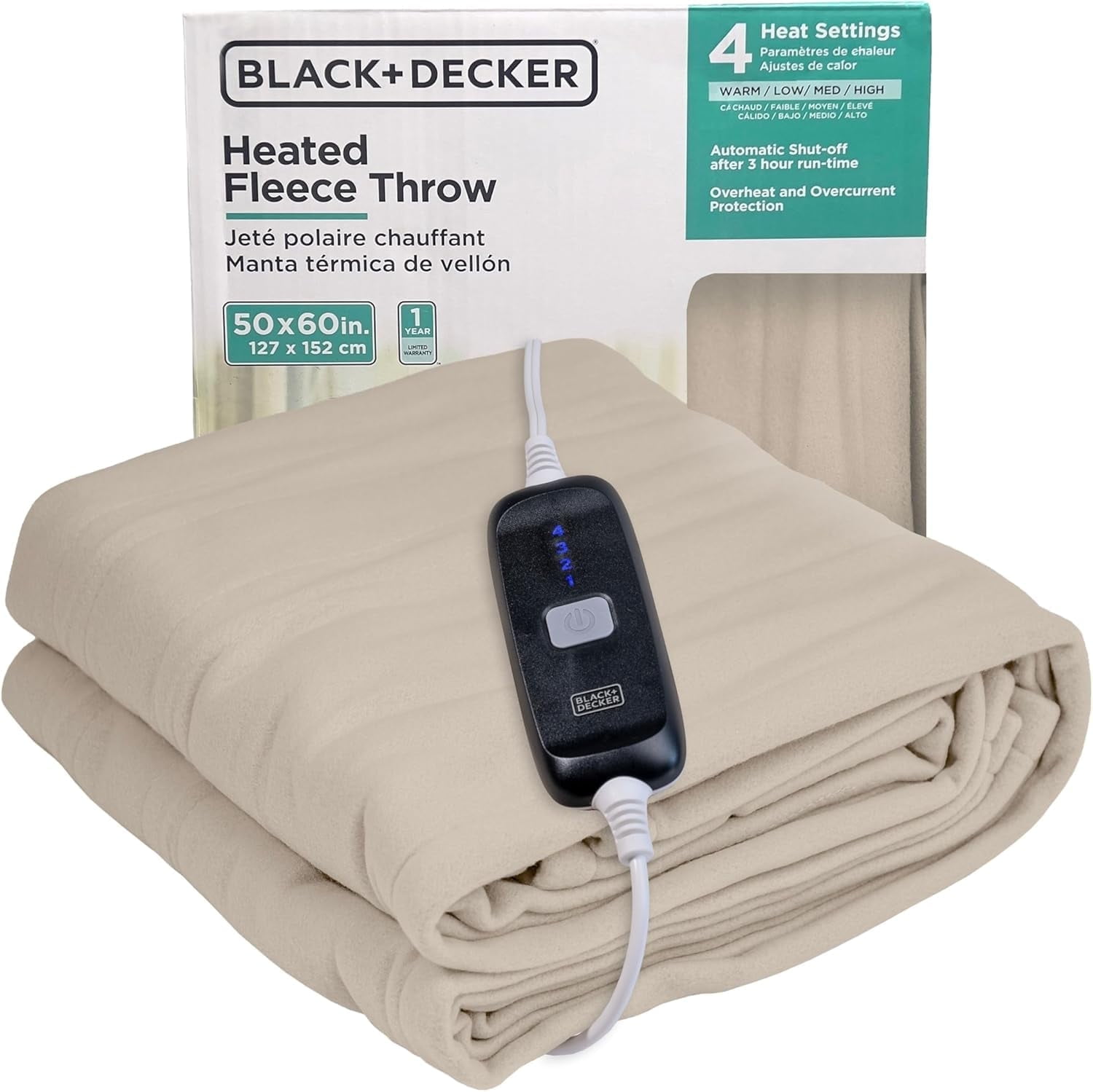 BLACK+DECKER Heated Blanket Electric Throw, 4 Heating Levels, 3H Timer, Auto Shutoff, 50x60 inches, Fleece, Cream