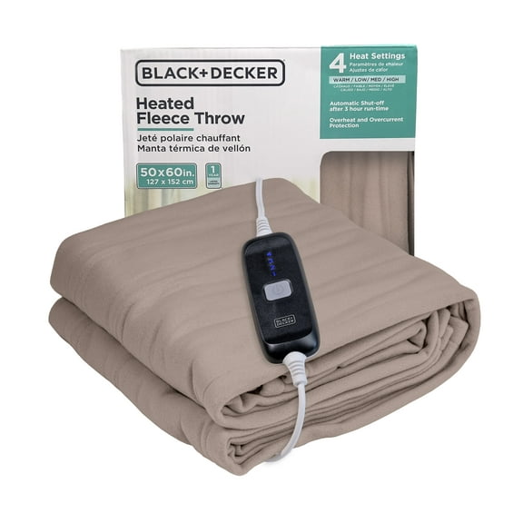 BLACK+DECKER Heated Blanket Electric Throw, 4 Heating Levels, 3H Timer, Auto Shutoff, 50x60 inches, Fleece, Grey
