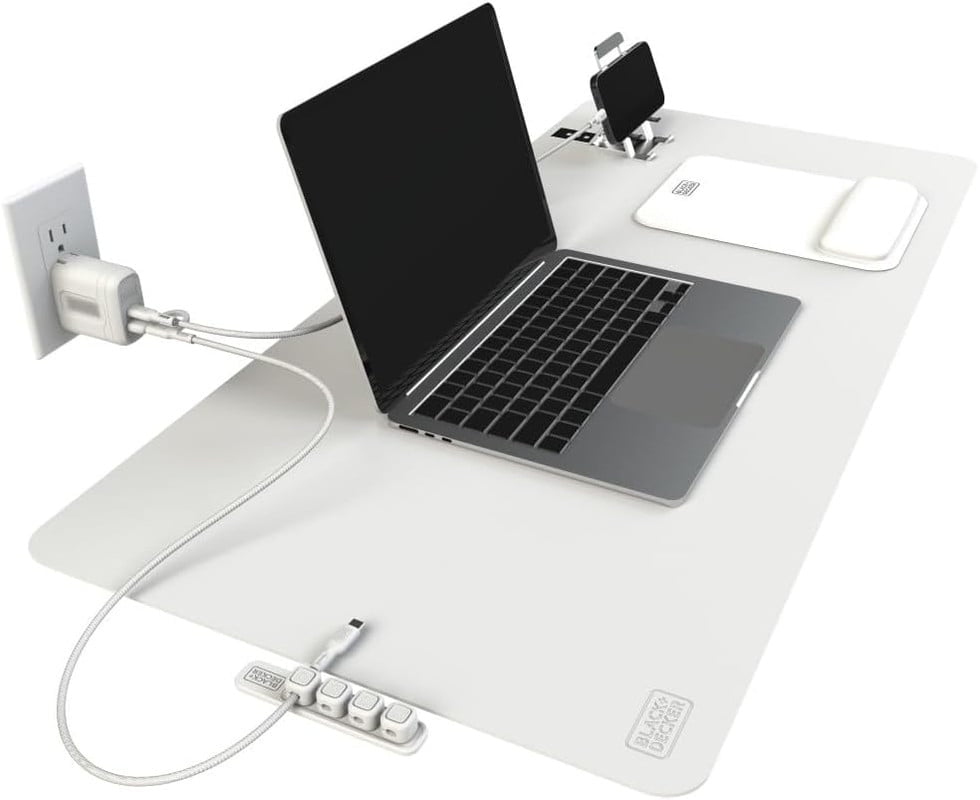 BLACK+DECKER Home Office Kit, 7 PCS Set, Desk Pad, 2-Port PD Charger, Ergonomic Mouse Pad, Phone Stand, Combo Cables, Cable Organizer, Workspace Accessories Perfect for Work-from-Home (White)