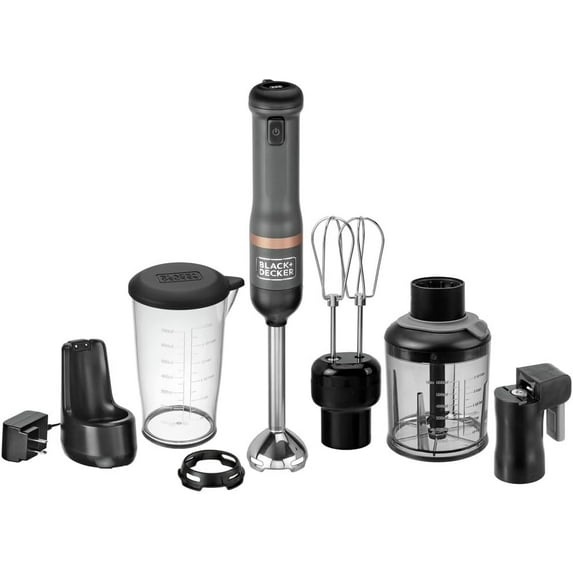BLACK+DECKER Kitchen Wand Cordless Immersion Blender, 4 in 1 Multi Tool Set, Hand Blender with Charging Dock, Grey (BCKM1014K01)