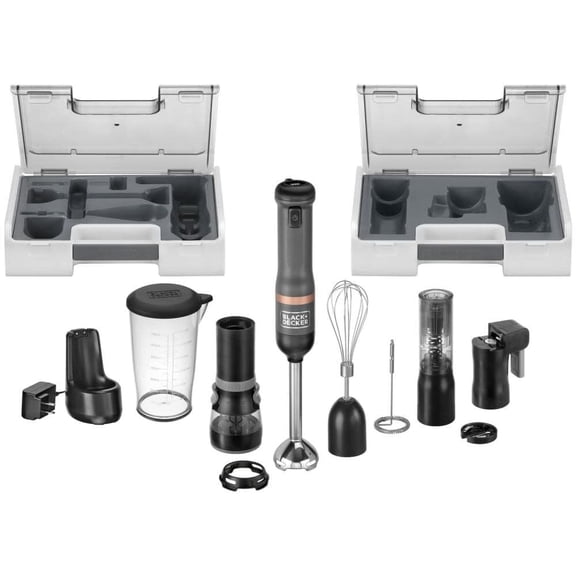 BLACK+DECKER Kitchen Wand Cordless Immersion Blender, 6 in 1 Multi Tool Set, Hand Blender with Charging Dock, Grey (BCKM1016KS01)