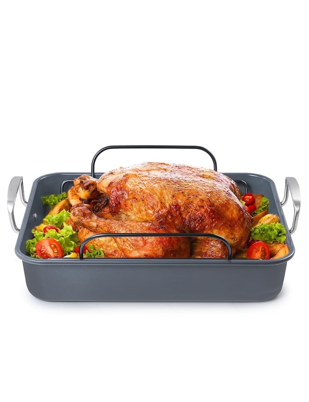 BLACK+DECKER Large Turkey Roasting Pan with Rack, 0.8mm Carbon Steel Baking Pan with Ceramic Non-Stick Coating, Cooking Pan for up to 16 lb. Turkey, U-Shaped Rack Included, Stainless Steel Handles