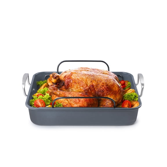 BLACK+DECKER Large Turkey Roasting Pan with Rack, 0.8mm Carbon Steel with Ceramic Non-Stick Coating, For up to 24 lb. Turkey, U-Shaped Rack Included