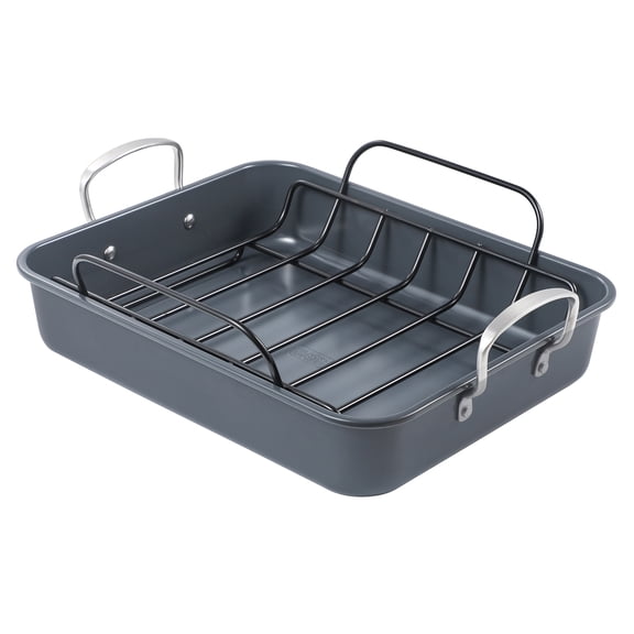 BLACK+DECKER Large Turkey Roasting Pan with Rack and Stainless Steel Handles, Carbon Steel with Ceramic Nonstick Coating, BDK400B