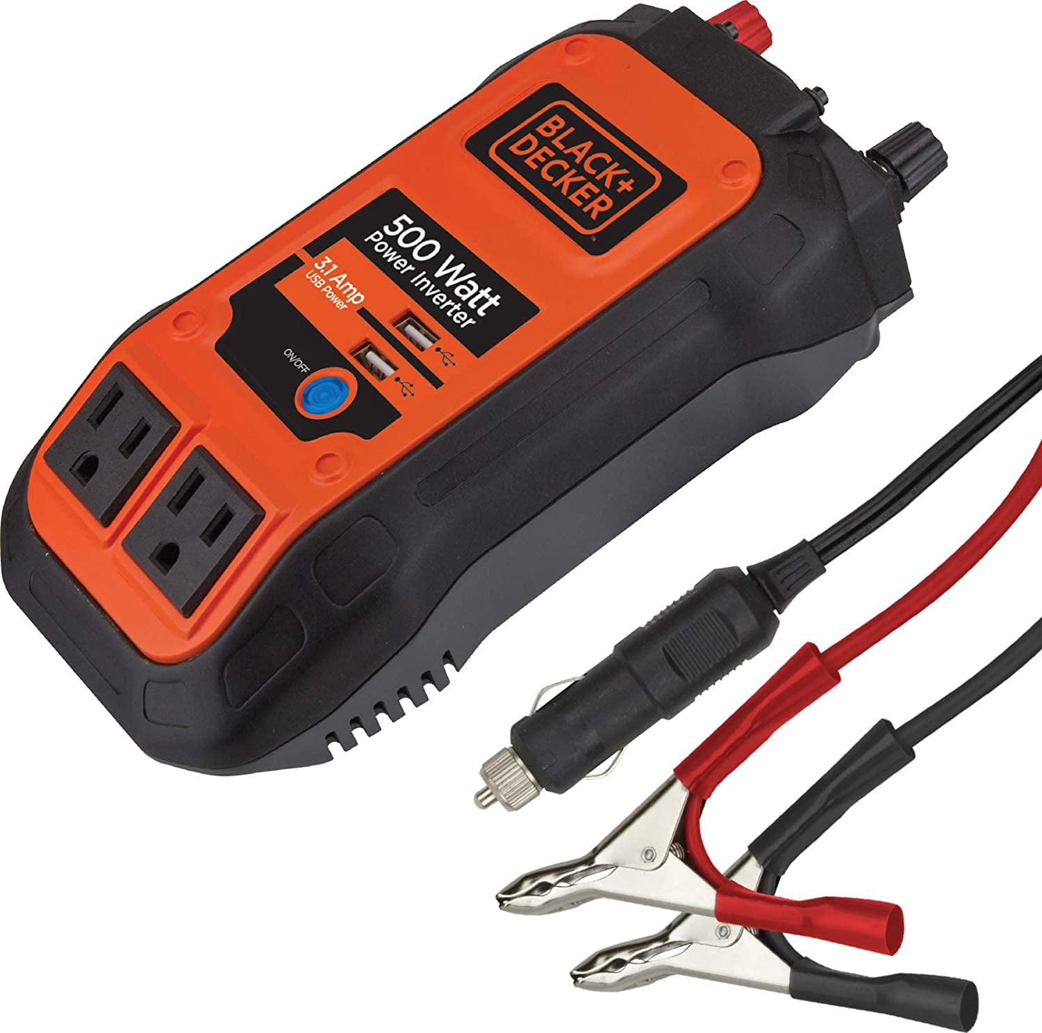 BLACK+DECKER PI500B 500W Power Inverter: Dual 120V AC Outlets, 3.1A USB Ports, 12V DC Adapter, Battery Clamps