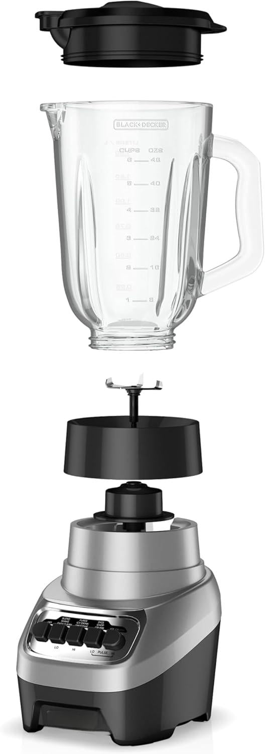 BLACK DECKER PowerCrush Countertop Blender, 6-Cup Glass Jar, For Smoothies and More, Stainless Steel Blade, 4 Speed Settings to Puree, Crush Ice, Chop, Dice, and Pulse, Dishwasher Safe, 700W Motor