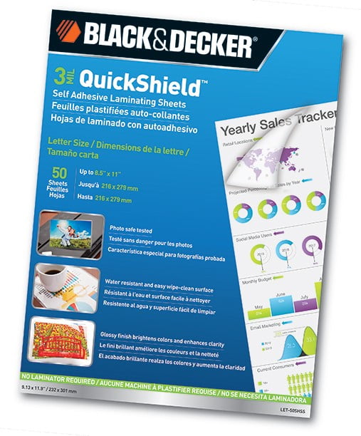BLACK+DECKER QuickShield SelfAdhesive Letter Size Laminating Sheets, 3