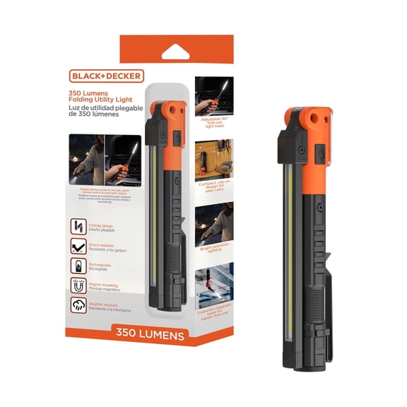 BLACK+DECKER Rechargeable Folding Utility Light, 350 Lumens Magnetic LED Work Light, Wireless Utility Light for Garage, Workshop, Auto Repair, Camping & Emergency Use, 1 Pack