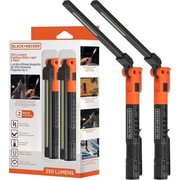 BLACK+DECKER Rechargeable Folding Utility Light, 350 Lumens Magnetic LED Work Light, Wireless Utility Light for Garage, Workshop, Auto Repair, Camping & Emergency Use, 2 Pack