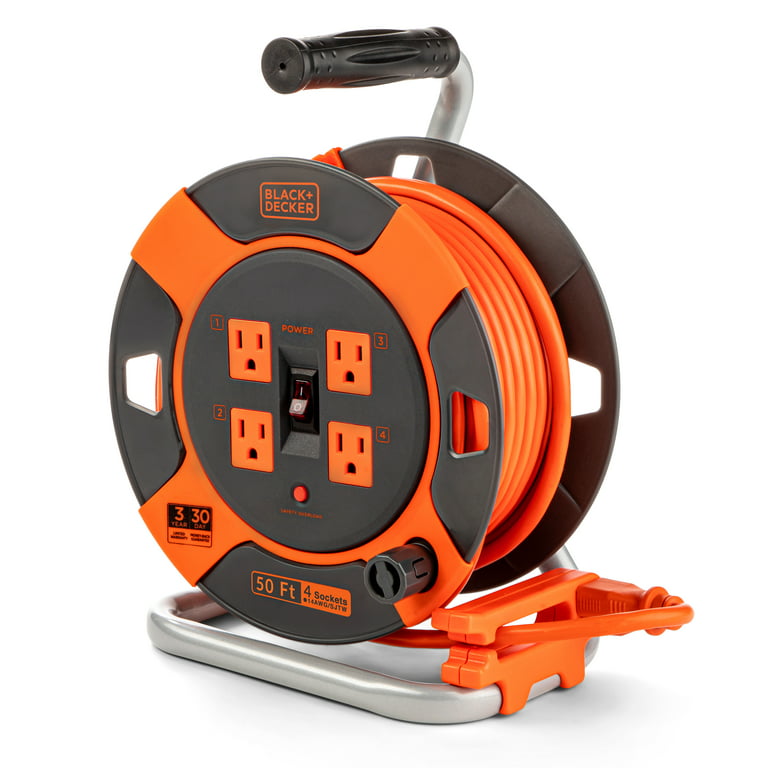 BLACK+DECKER Retractable Extension Cord, 50 ft with 4 Outlets - 14AWG SJTW Cable - Outdoor Power Cord Reel