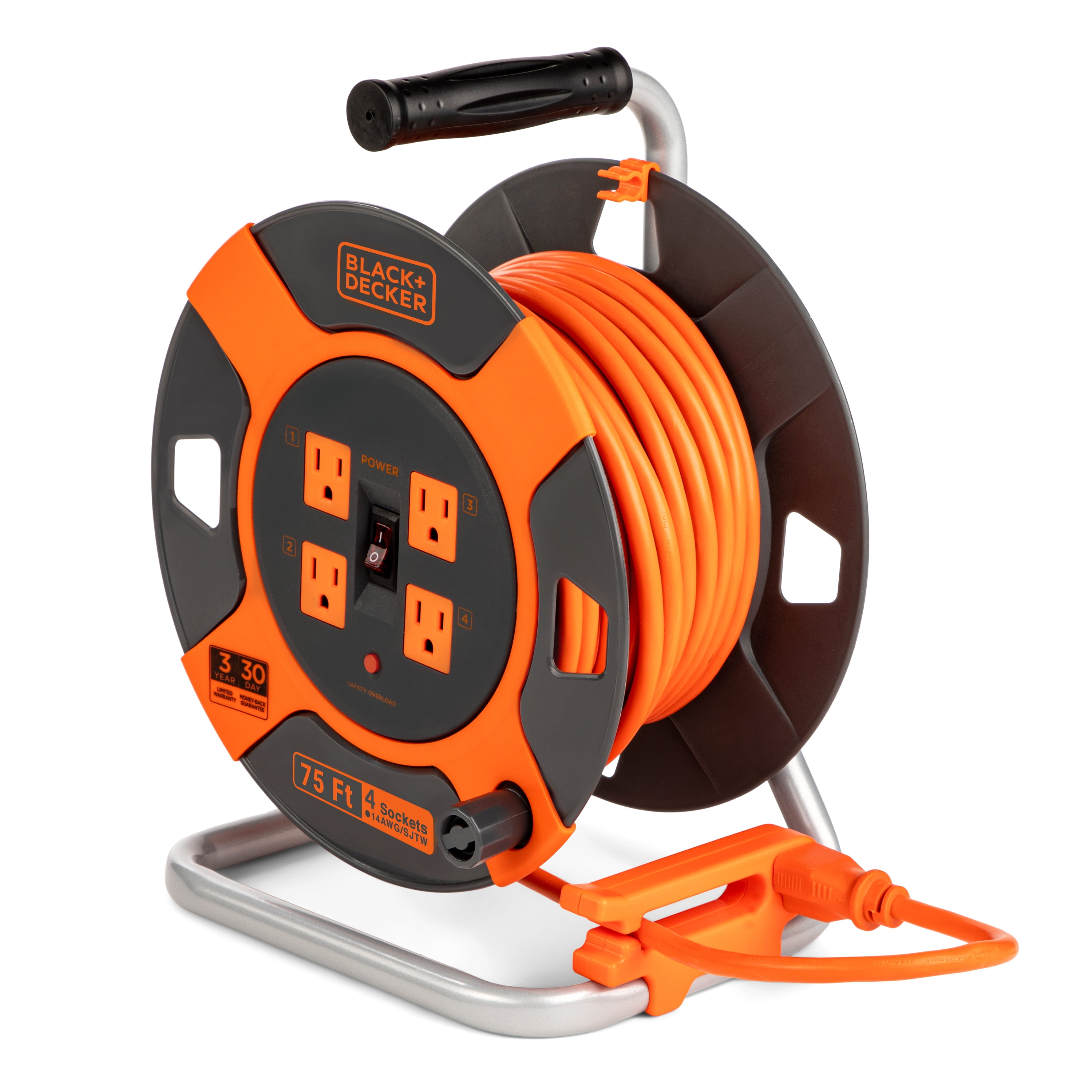 BLACK+DECKER Retractable Extension Cord, 75 ft with 4 Outlets - 14AWG SJTW Cable - Outdoor Power Cord Reel