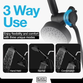 BLACK+DECKER Dual Shower Heads with 5-Spray Setting Shower Head System and Stainless Steel Hose, Black