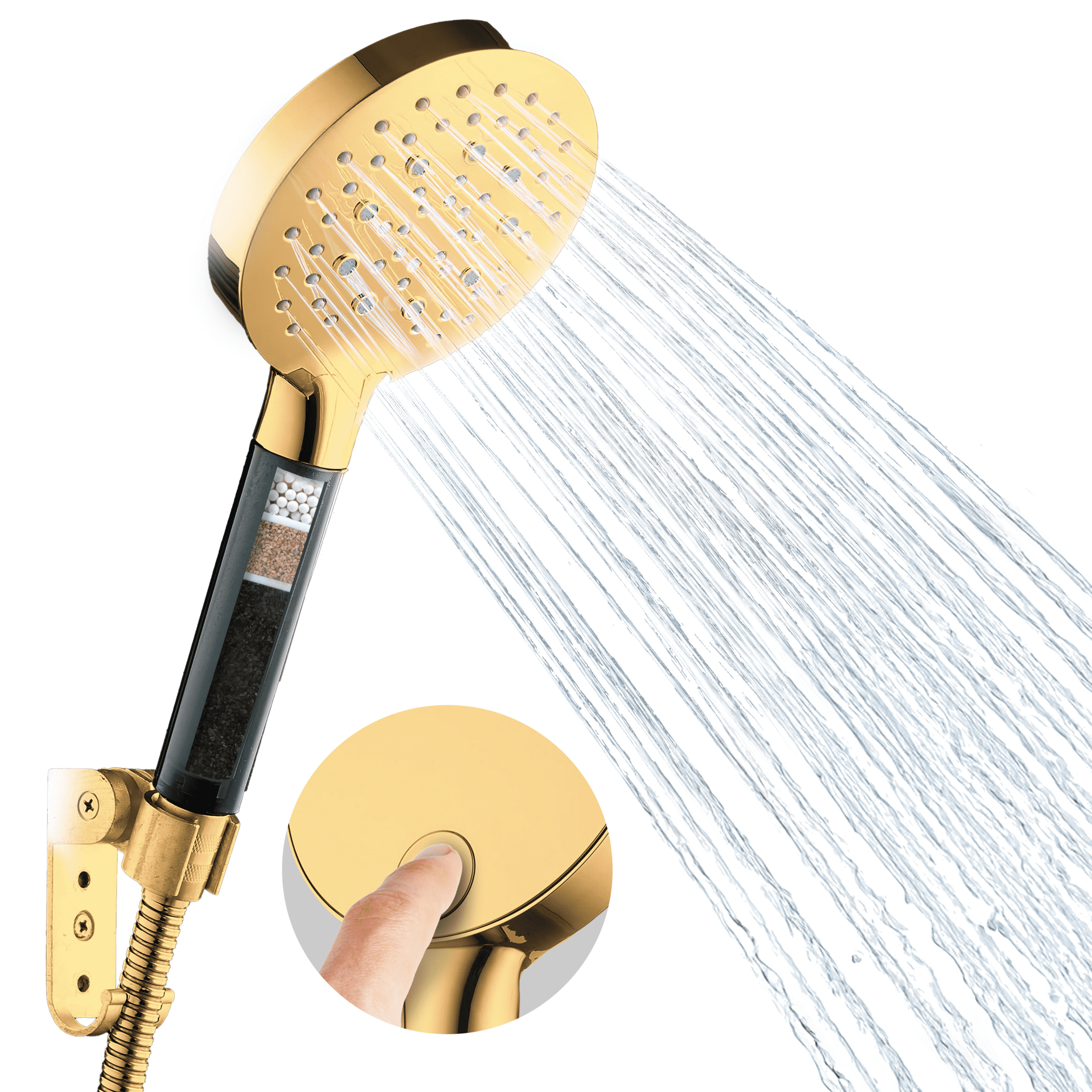 BLACK+DECKER Handheld Shower Head w/ 3 Spray Settings, Water Filter, & Stainless Steel Hose, Gold