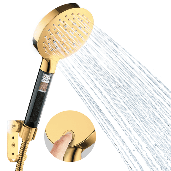 BLACK+DECKER Handheld Shower Head w/ 3 Spray Settings, Water Filter, & Stainless Steel Hose, Gold