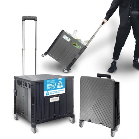BLACK+DECKER Small Collapsible Pack N Roll Folding Utility Cart with Lid, 4 Wheels, Adjustable Handle, Portable, Black/Gray