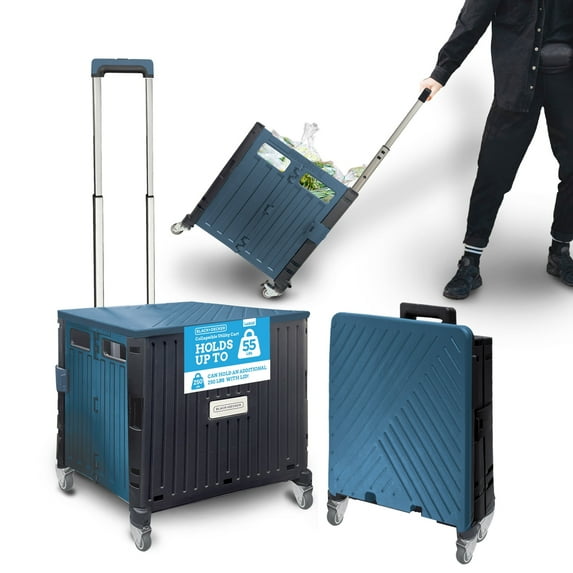BLACK+DECKER Small Collapsible Pack N Roll Folding Utility Cart with Lid, 4 Wheels, Adjustable Handle, Portable, Black/Ocean Blue