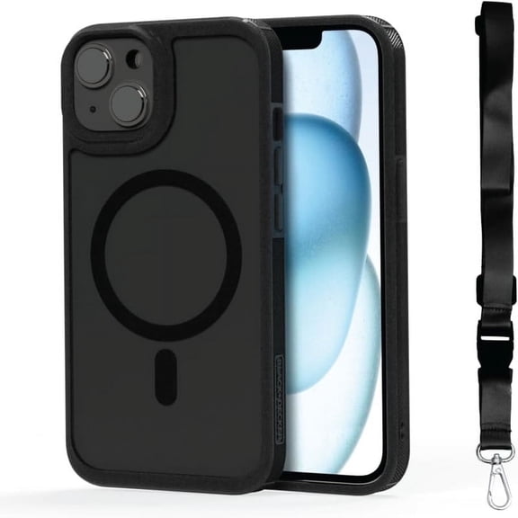 BLACK+DECKER iPhone Case, MagSafe, Shockproof Military-Grade Protection, Magnetic Phone Case for iPhone 15, Black (Changeable Buttons and Lanyard)
