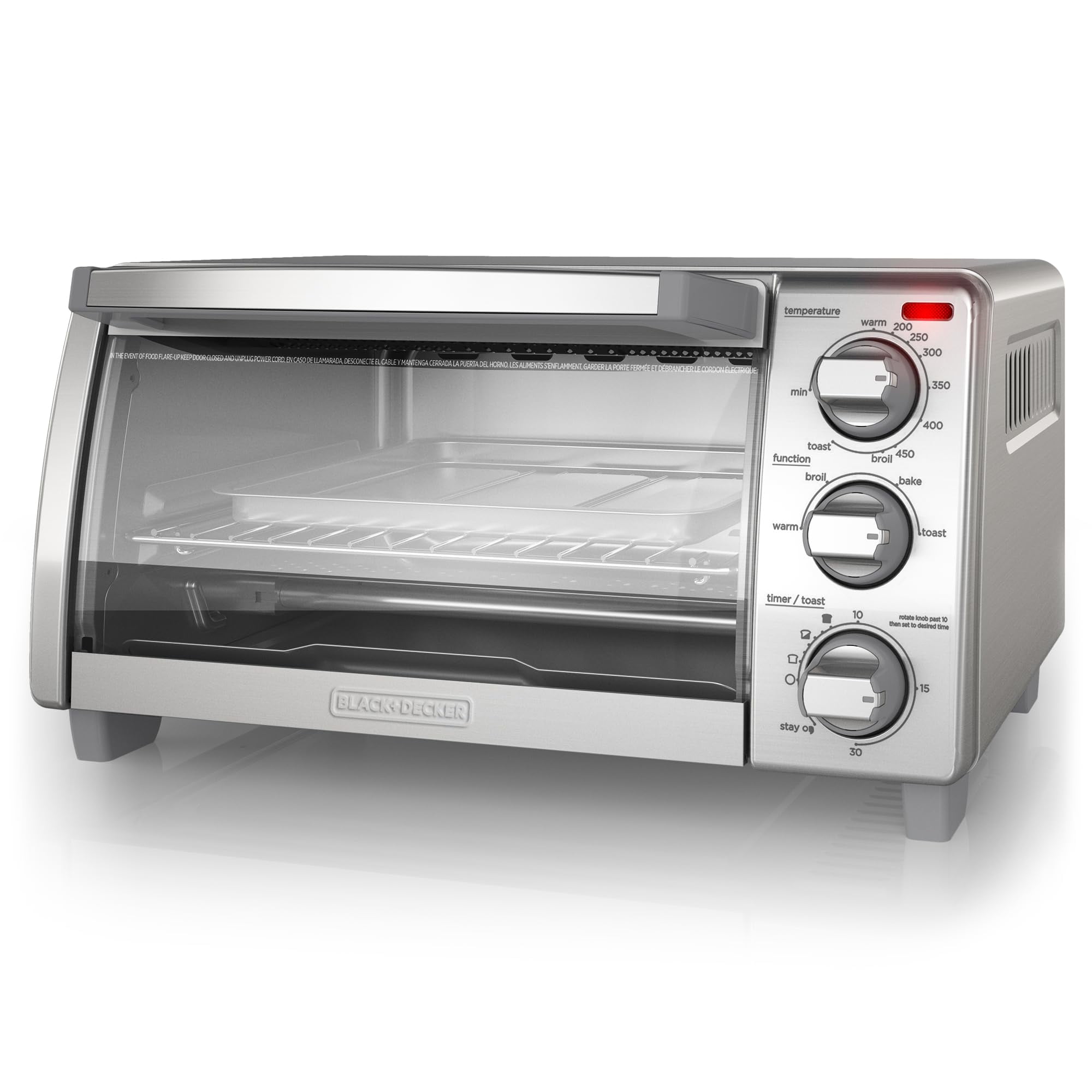 BLACK+DECKER Natural Convection 4-Slice Toaster Oven, Stainless Steel, Bake, Broil, Toast, Keep Warm Cooking Functions
